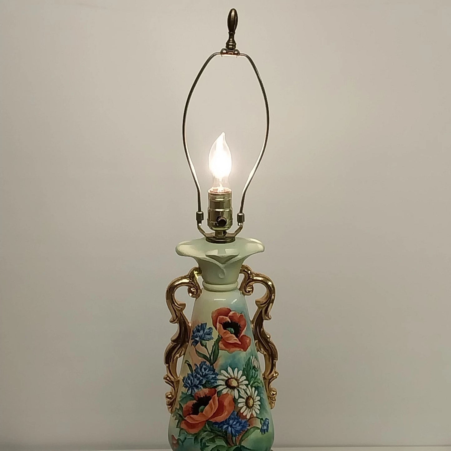 Hand Painted Urn Table Lamp Floral Pansy Gold Trim 30 Inch Vintage
