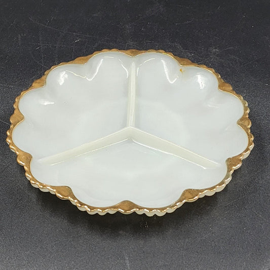 Anchor Hocking Milk Glass Divided Relish Dish with Gold Rim 10 Inch Vintage