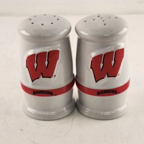 Set of 2 Ceramic Salt Pepper Shakers Wisconsin Badgers Logo White Red Trim 3.5"h