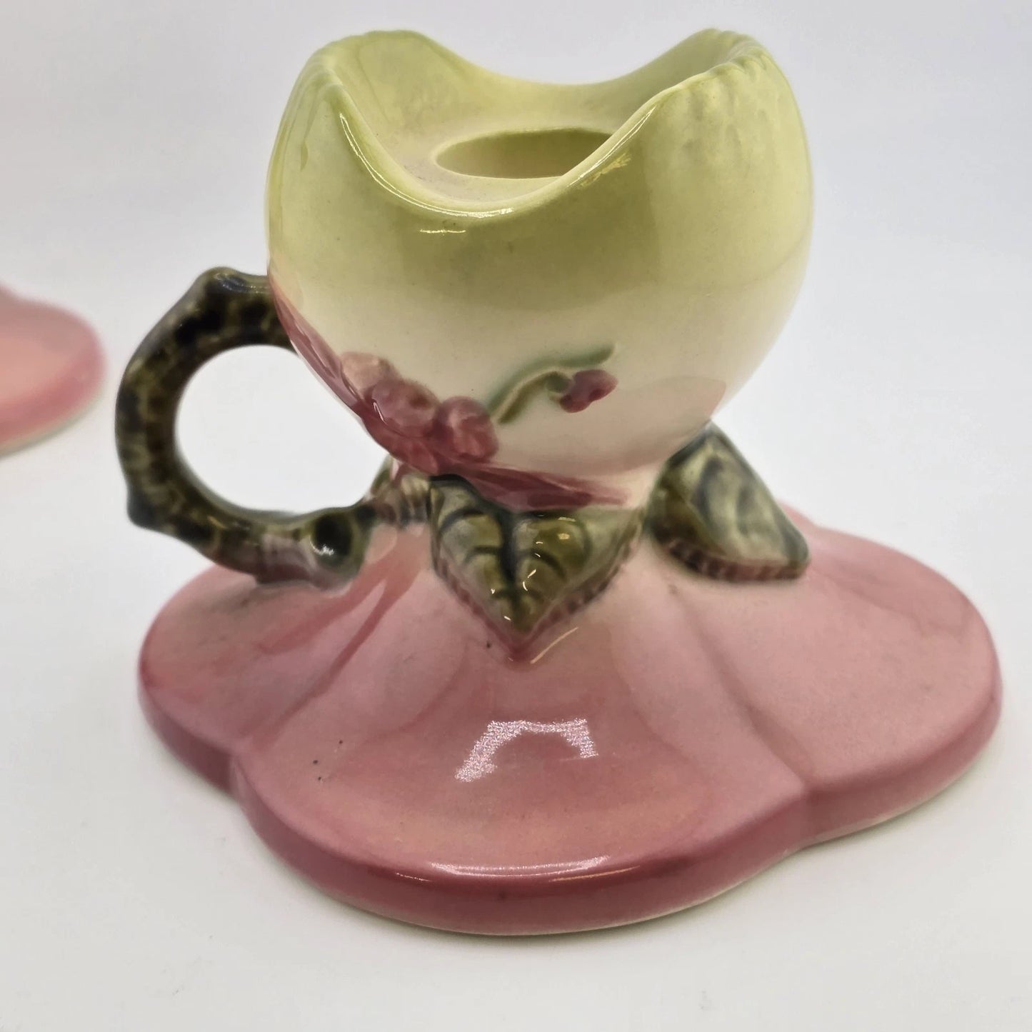 2pc Hull Pottery Woodland Candlesticks W30 Single Holder Pink Chartreuse Glossy