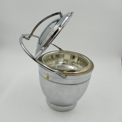 Silver Chromium Solid Brass Ice Bucket Cooler Hinged Lid Arm & Glass 13" 1950's