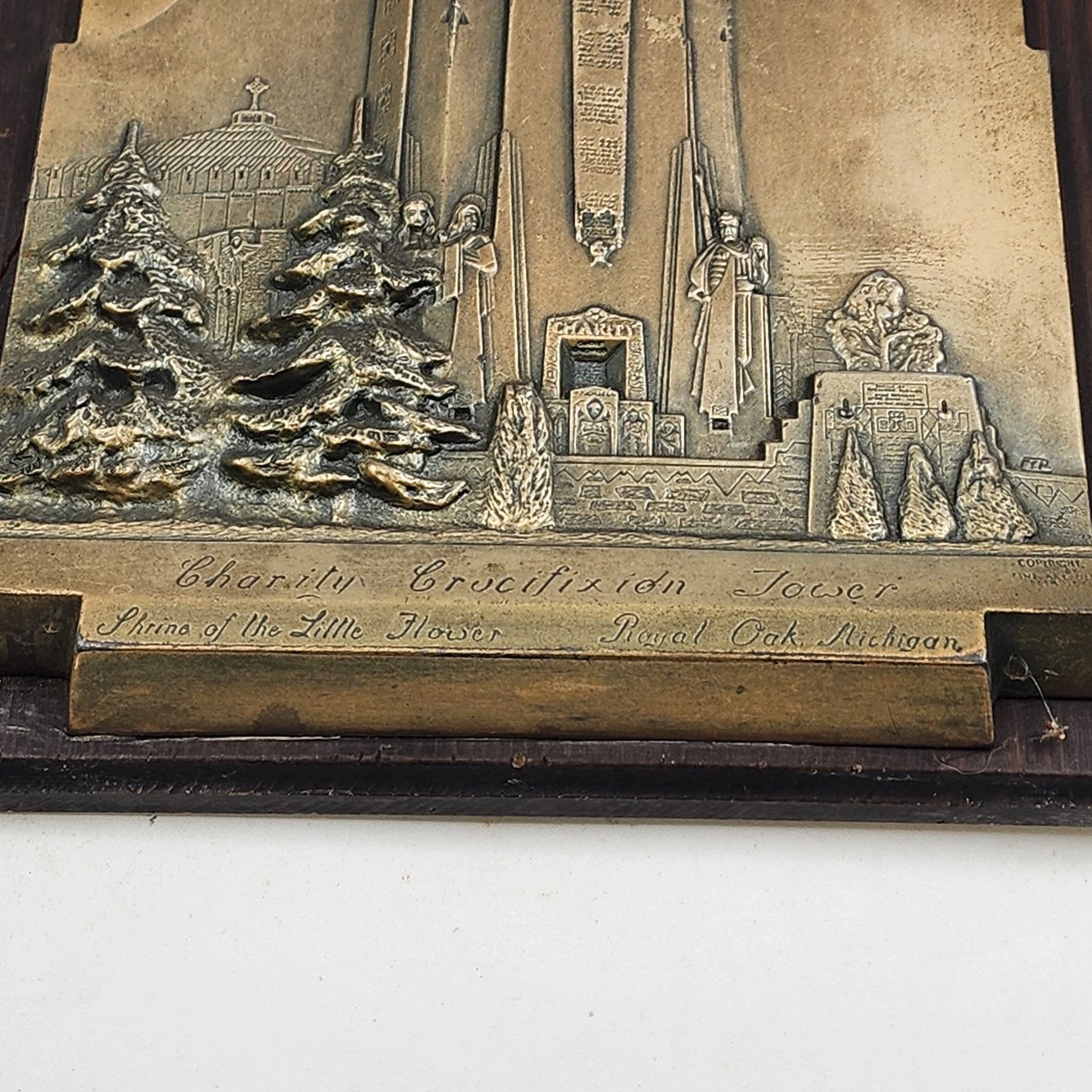 Bronze Plaque Charity Crucifixion Tower on Wood 1956 Shrine of the Little Flower