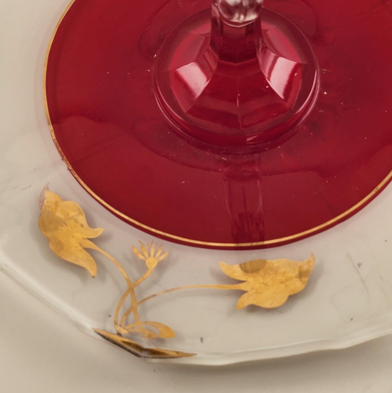 Indiana Glass Tidbit Serving Tray w Handle & 2 Candle Sticks Red White to Clear