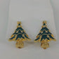 Christmas Tree Clip On Earrings Green Gold Tone Rhinestone Vintage Holiday 1990s