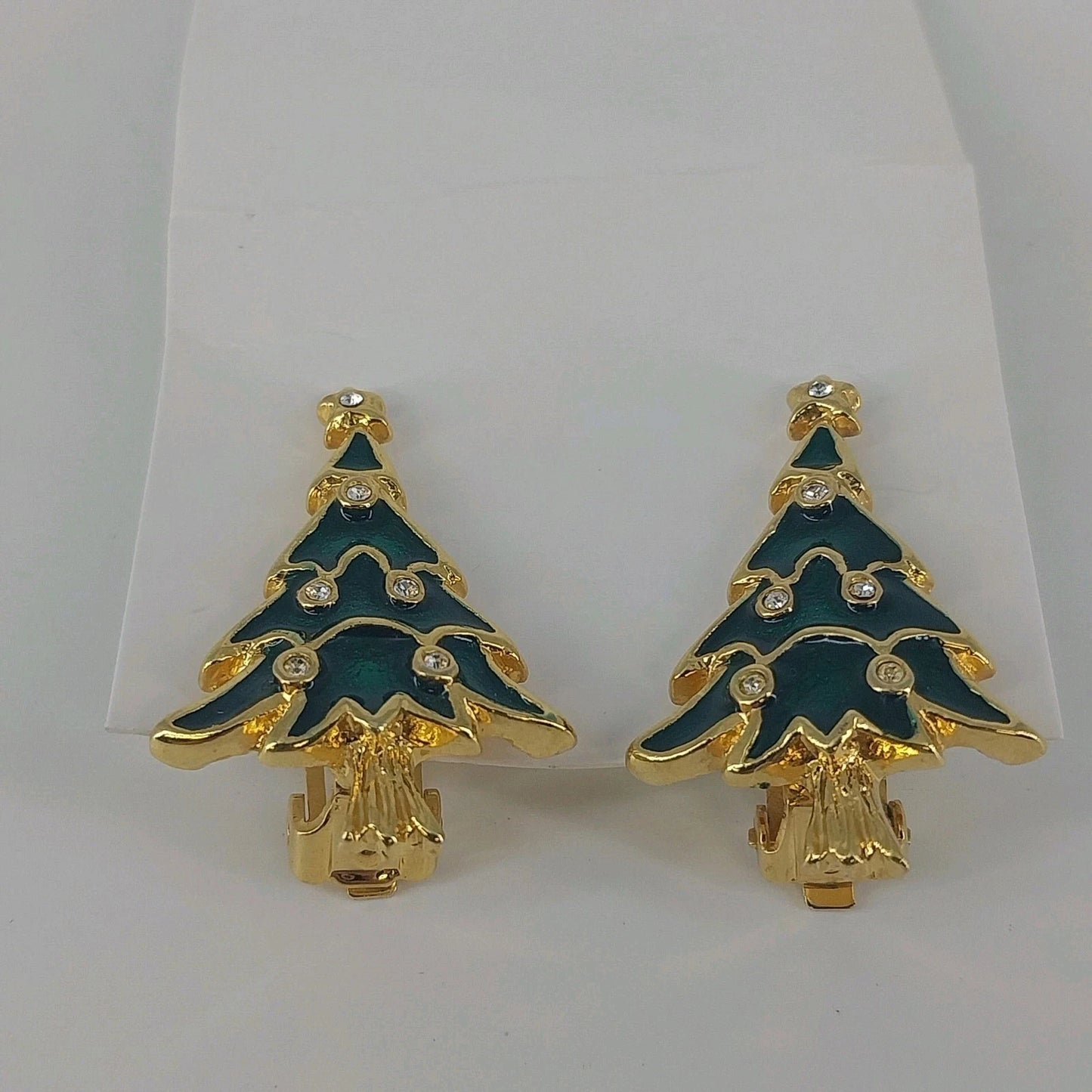 Christmas Tree Clip On Earrings Green Gold Tone Rhinestone Vintage Holiday 1990s
