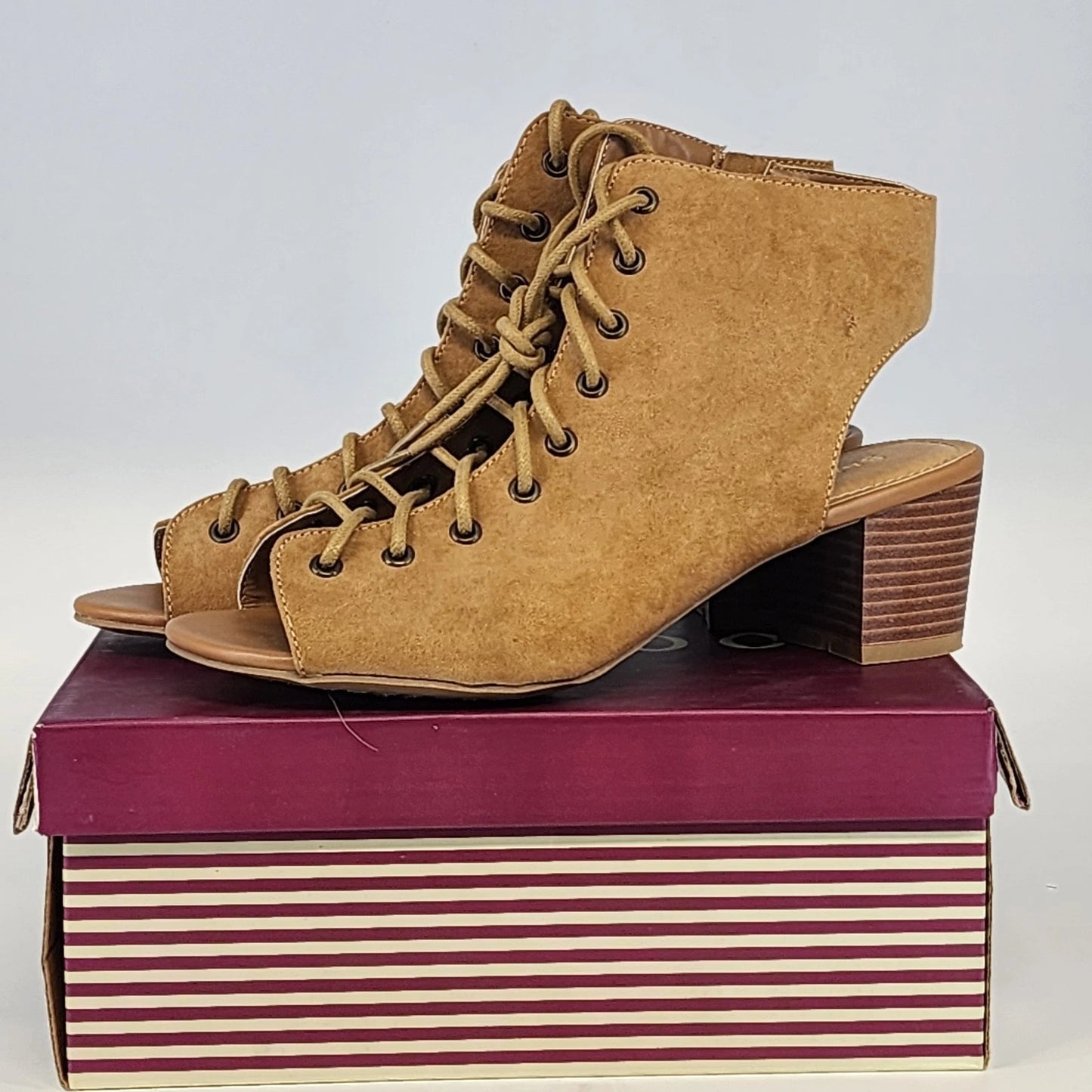Bamboo LEROY-06 Lace Up Open Toe Booties Block Heel 8