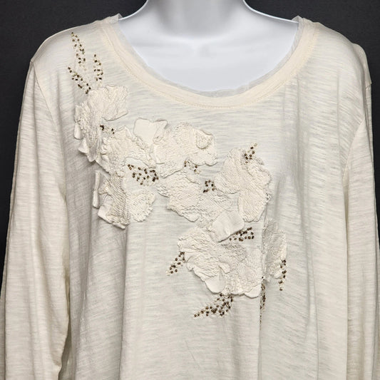 Sonoma Goods For Life XL Cream Long Sleeve Tee Lace Flower Pearl Bead Detail 24"