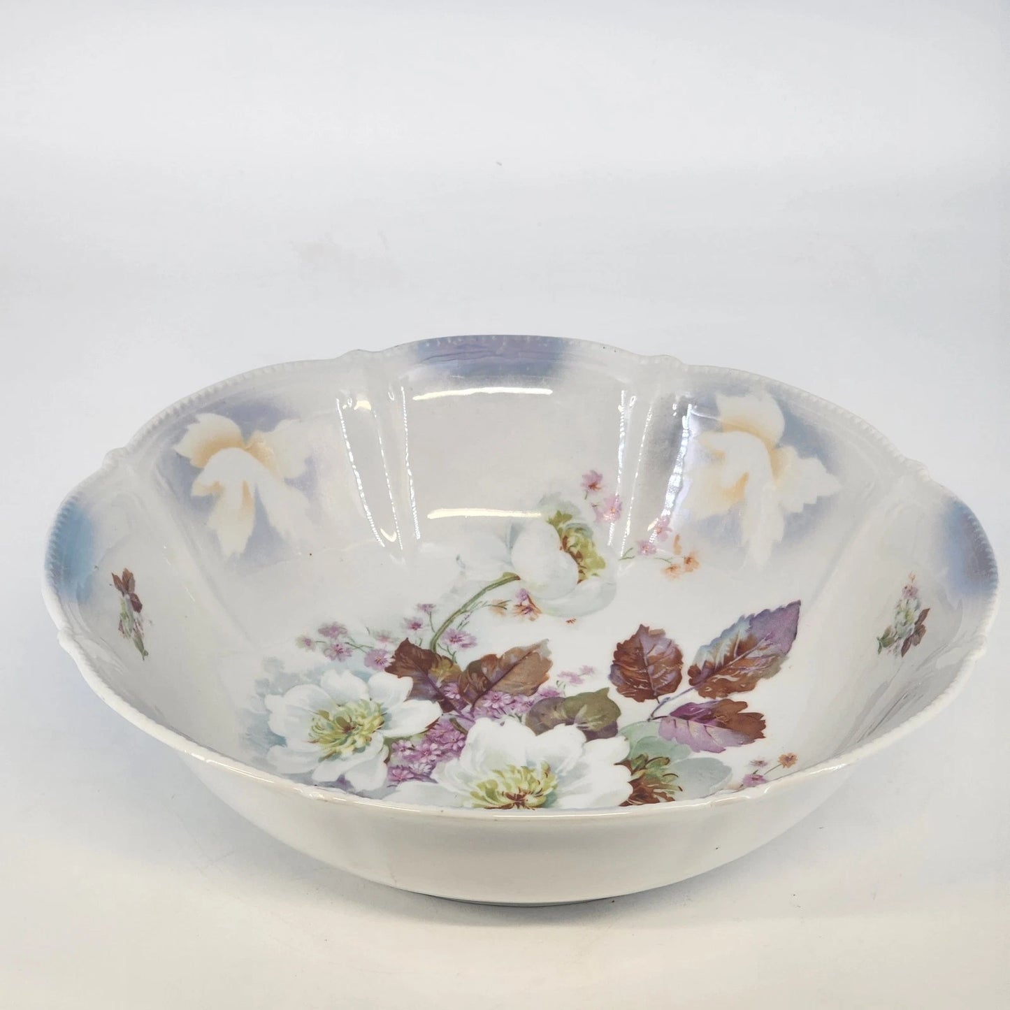 German Transferware Serving Bowl Roses Floral Scalloped Beaded Rim 10.5" Antique