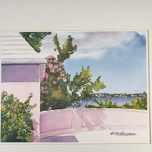 Watercolor Ocean Side Print 9" x 12" Signed Deck Greenery Pink Hue Matted Beach