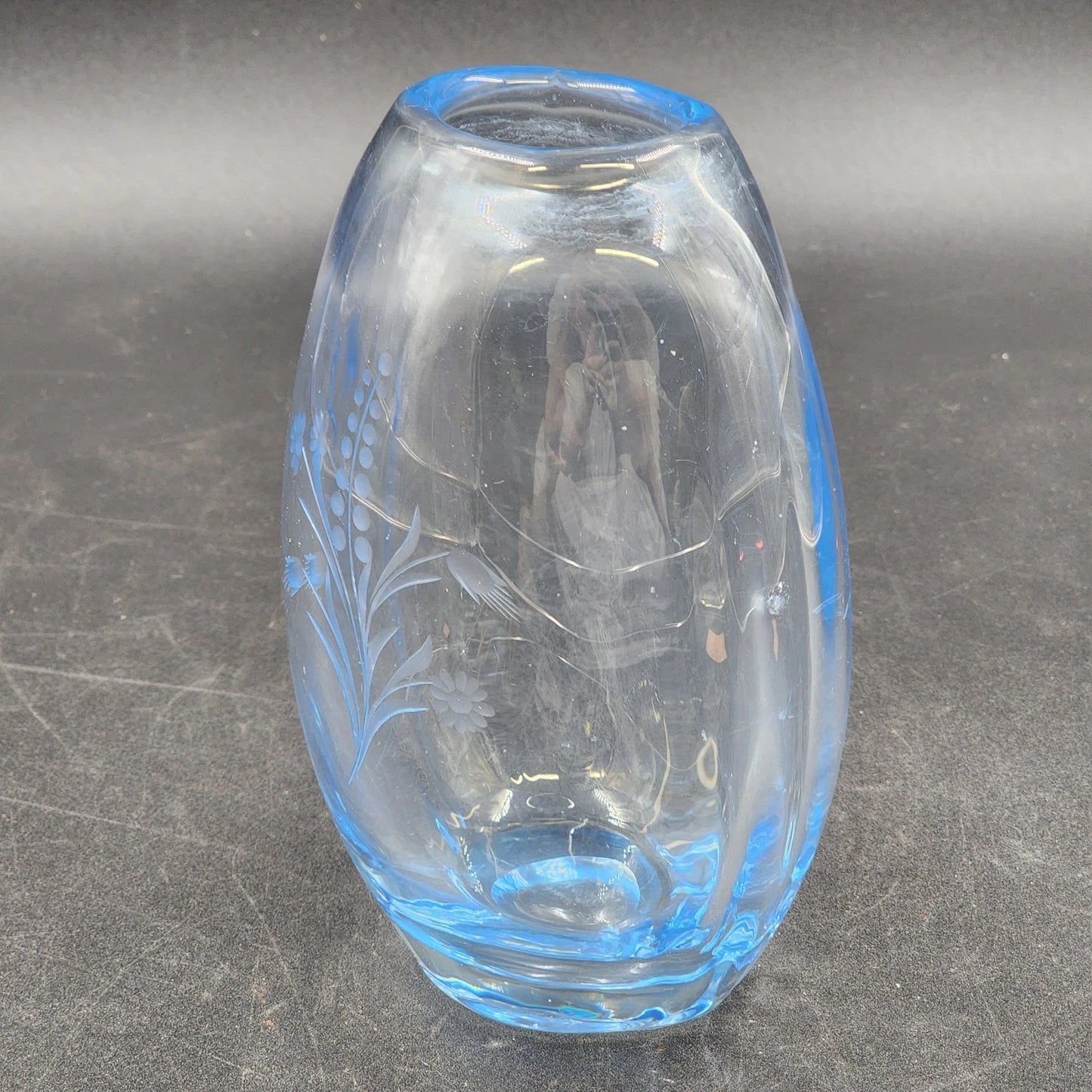 Hand Blown Blue Tint Glass Vase Etched Floral Scandinavian Swedish Oval 6.75″