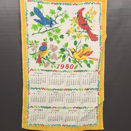 1980 Calendar Kitchen Linen Towel Birds on A Tree Vintage 26" Long x 15" Wide