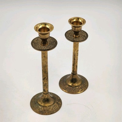 Set of 2 Solid Brass Candlestick Holders 7" & 8" Tall Vintage India Round Base