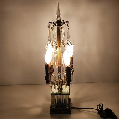 2 Gilt Brass Candelabra Table Lamps Antique Drop Crystal Prisms 4 Candle Lights