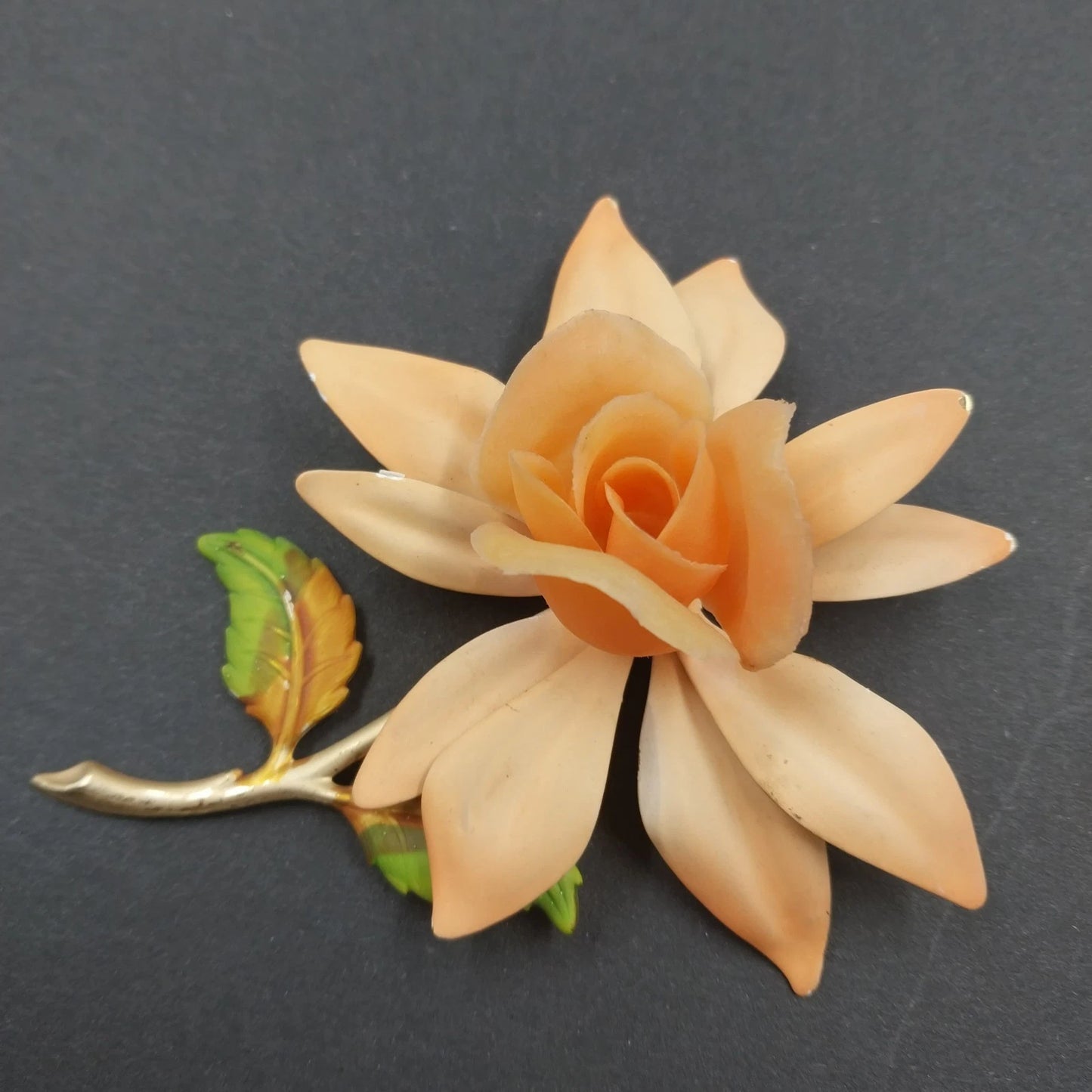 Orange Fabric Rose Brooch Gold Tone Stem Green Enamel Leaves Vintage