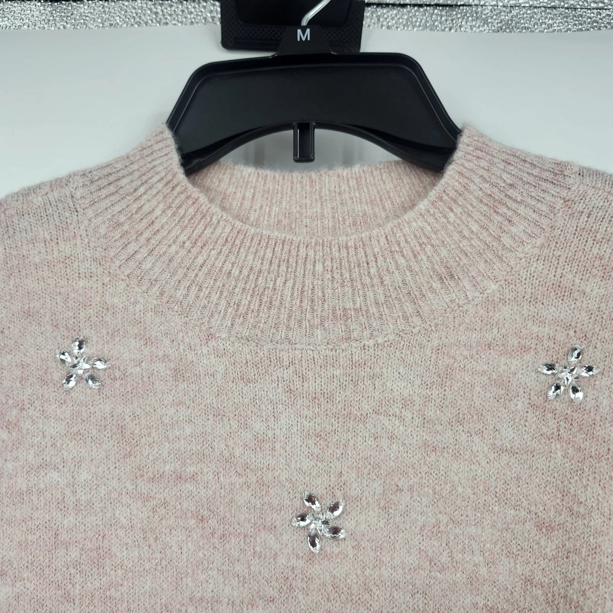 ELLE Women's XL Pink Metallic Knit Sweater Rhinestone Floral Crew Neck