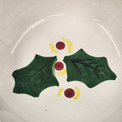Large Serving Bowl 12" by Present Tense Italy Hand Painted Snowman & Holly Leaf