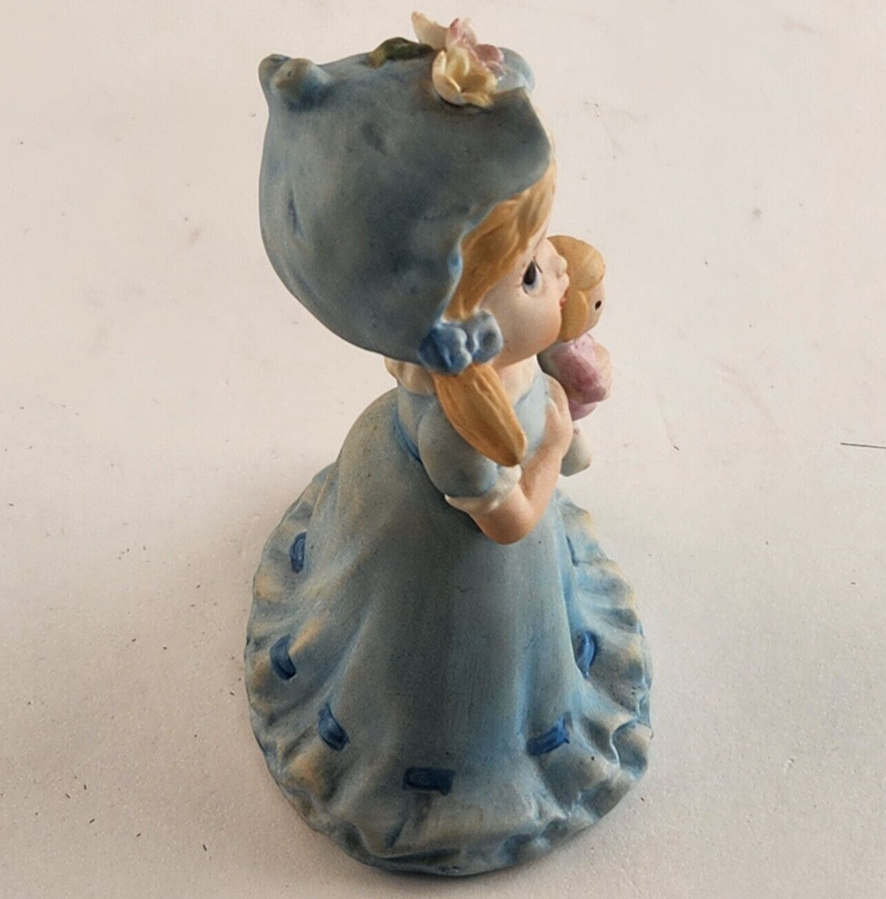 Napco Blue Girl w Doll Figurine Porcelain Bisque 4" Blue Blonde Japan