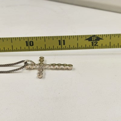 Silver Tone Box Chain with Crystal Clear Rhinestone Cross Pendant 11.5" Necklace
