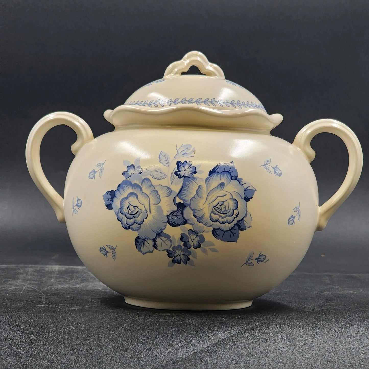 Somerset Garden Lidded Urn Bowl Crowning Touch Twin Handles 6" Blue Floral