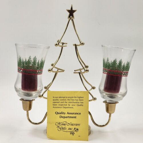 Homco Metal Christmas Tree 2 Votive Candle Holder Pine Tree Holly Berry Cups Vtg