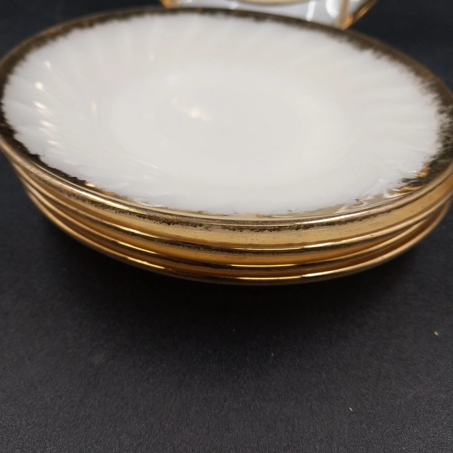5 Saucers Anchor Hocking Fire-King White Swirl Milk Glass Gold Trim Vintage