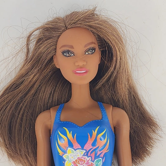 Barbie Beach Doll Brunette Blue Floral Swimsuit Mattel 2014 Indonesia