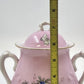 Pink Porcelain Biscuit Cookie Jar Bowl Covered Butterfly Birds Transfer Vintage