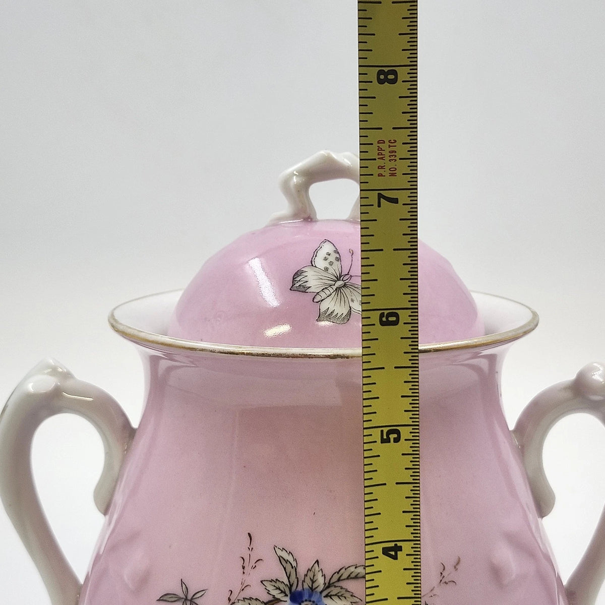 Pink Porcelain Biscuit Cookie Jar Bowl Covered Butterfly Birds Transfer Vintage