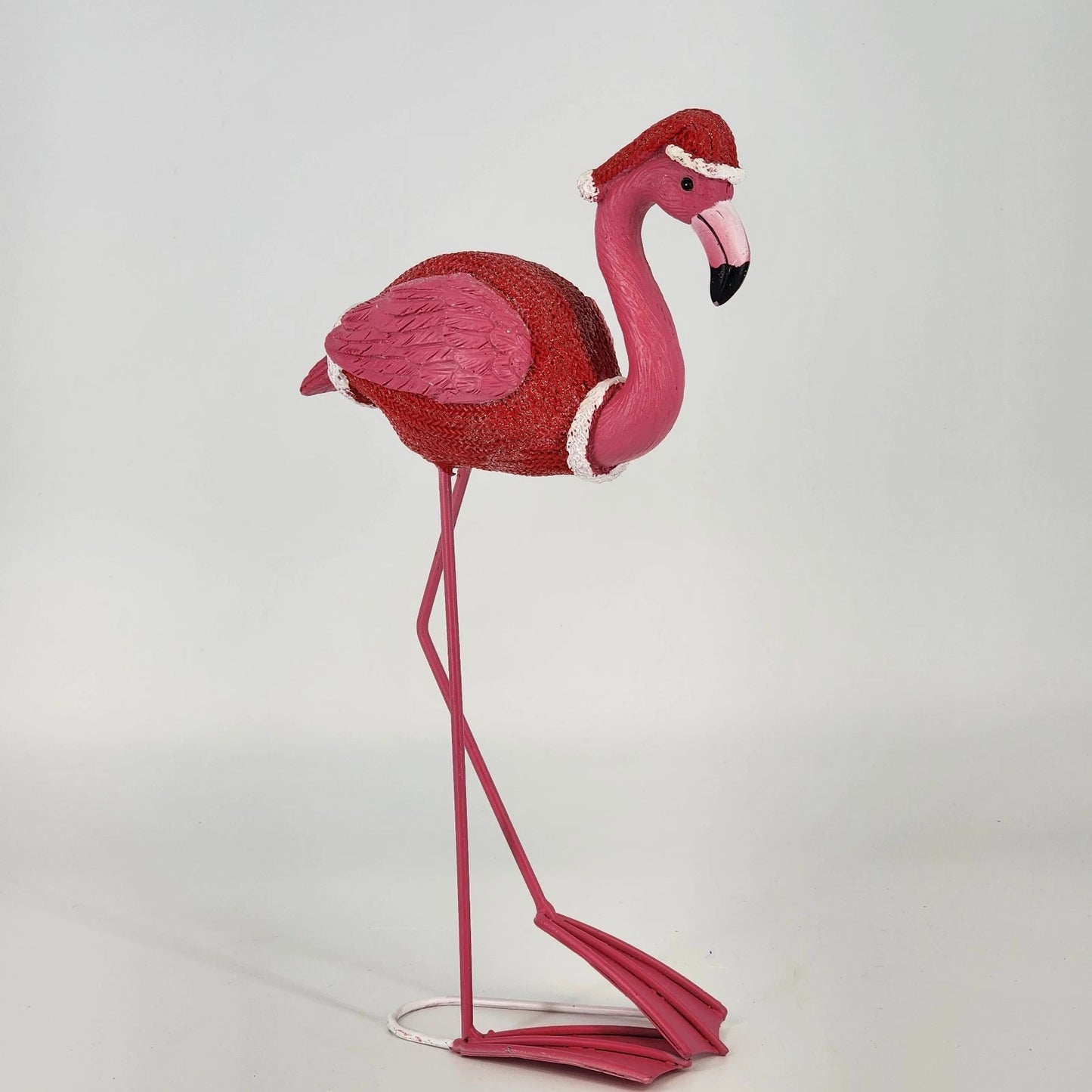 Christmas Flamingo Figurine 11" Resin & Wire Pink Holiday Decor Knit Coat & Hat