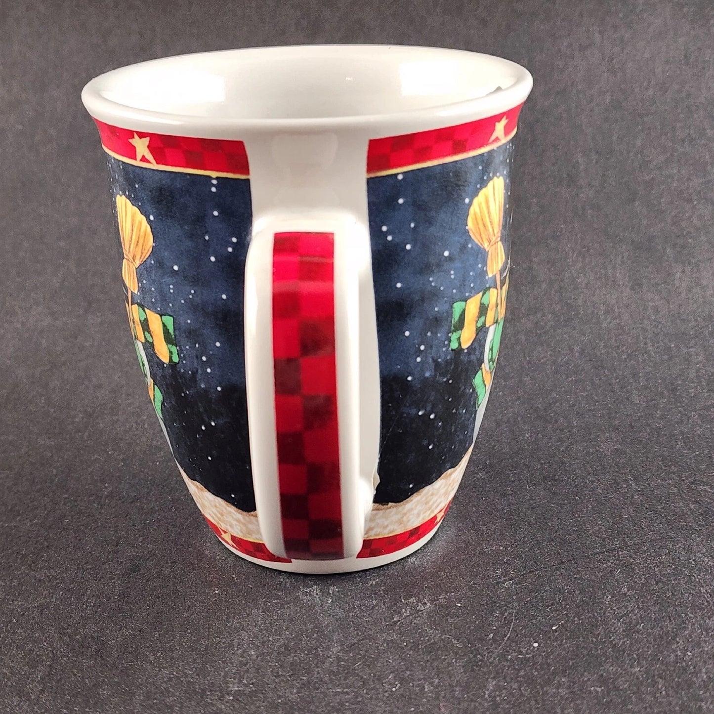 Snowman Ceramic Christmas Mug Night Scene Red Trim Hot Chocolate Cup 4.25" Vtg