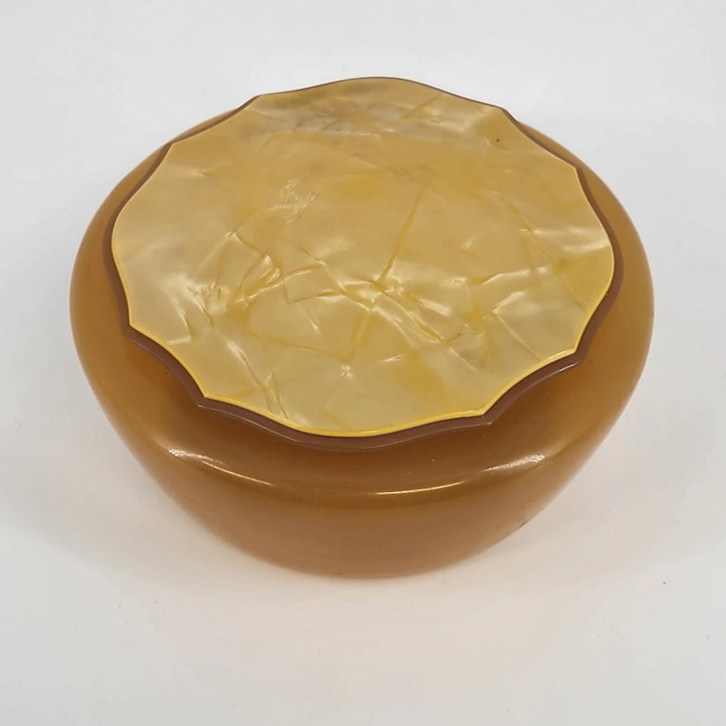 Pyrolene Celluloid 3pc Vanity Set Amber Pearl Marbled Tray & Trinket Boxes 1920s