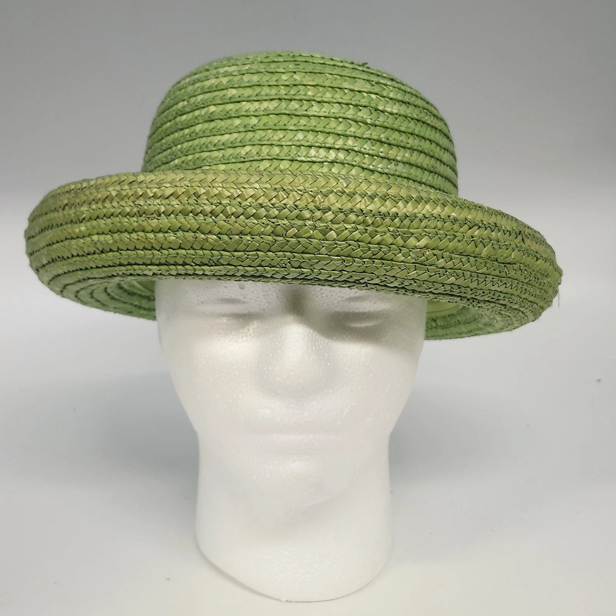 Green Natural Straw Sun Hat Women Rolled Brim Braided Round Crown Summer Garden