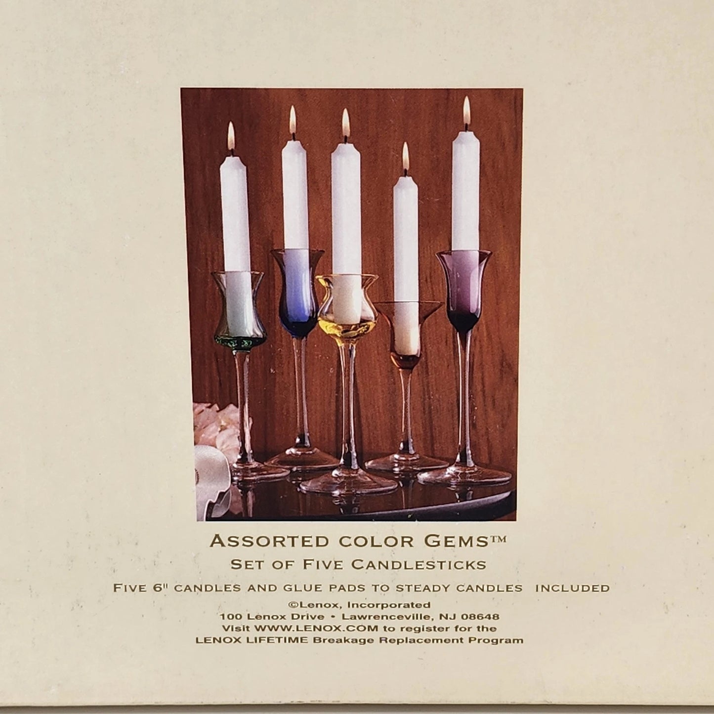 5 Lenox Color Gems Crystal Candlesticks Multi-Color Long Stem w Candles NIB NOS