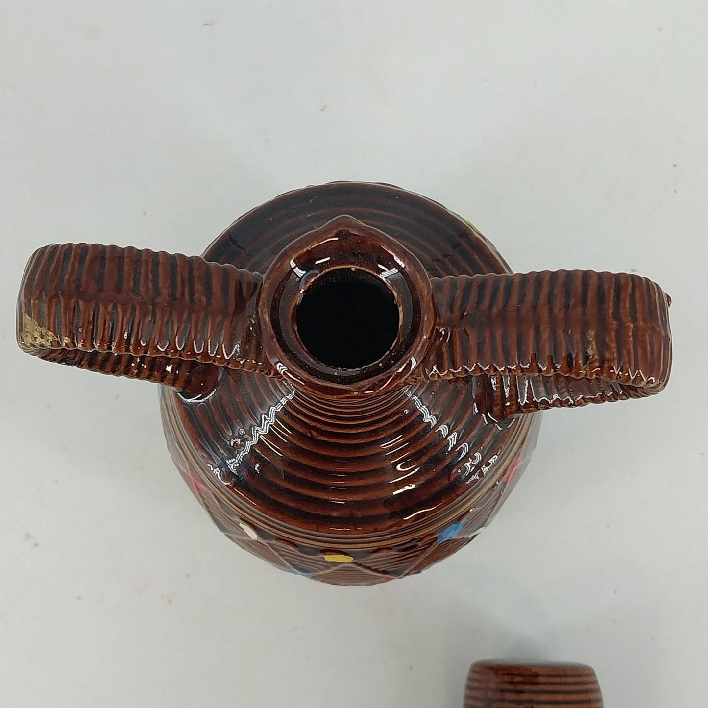 Japanese Brown Rickshaw Decanter Saki Shot Stopper Ceramic Hand Painted Barware