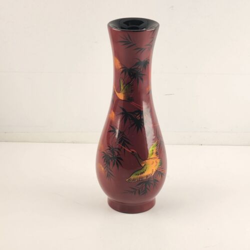 Bud Vase Maroon Red Overlay Gold Geese Black Trees Asian Sun Vintage Vietnam