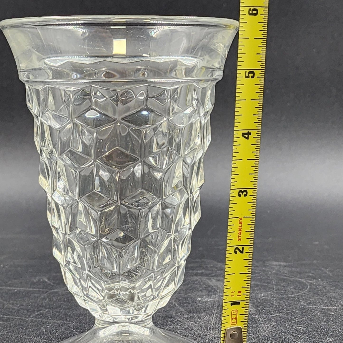 6 Fostoria American Clear Ice Tea Glasses Cubist Design Footed Pedestal Vintage