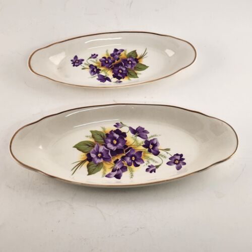 2 Pc Bone China Relish Trinket Dishes Violets Gold Trim 10" & 8" Long England