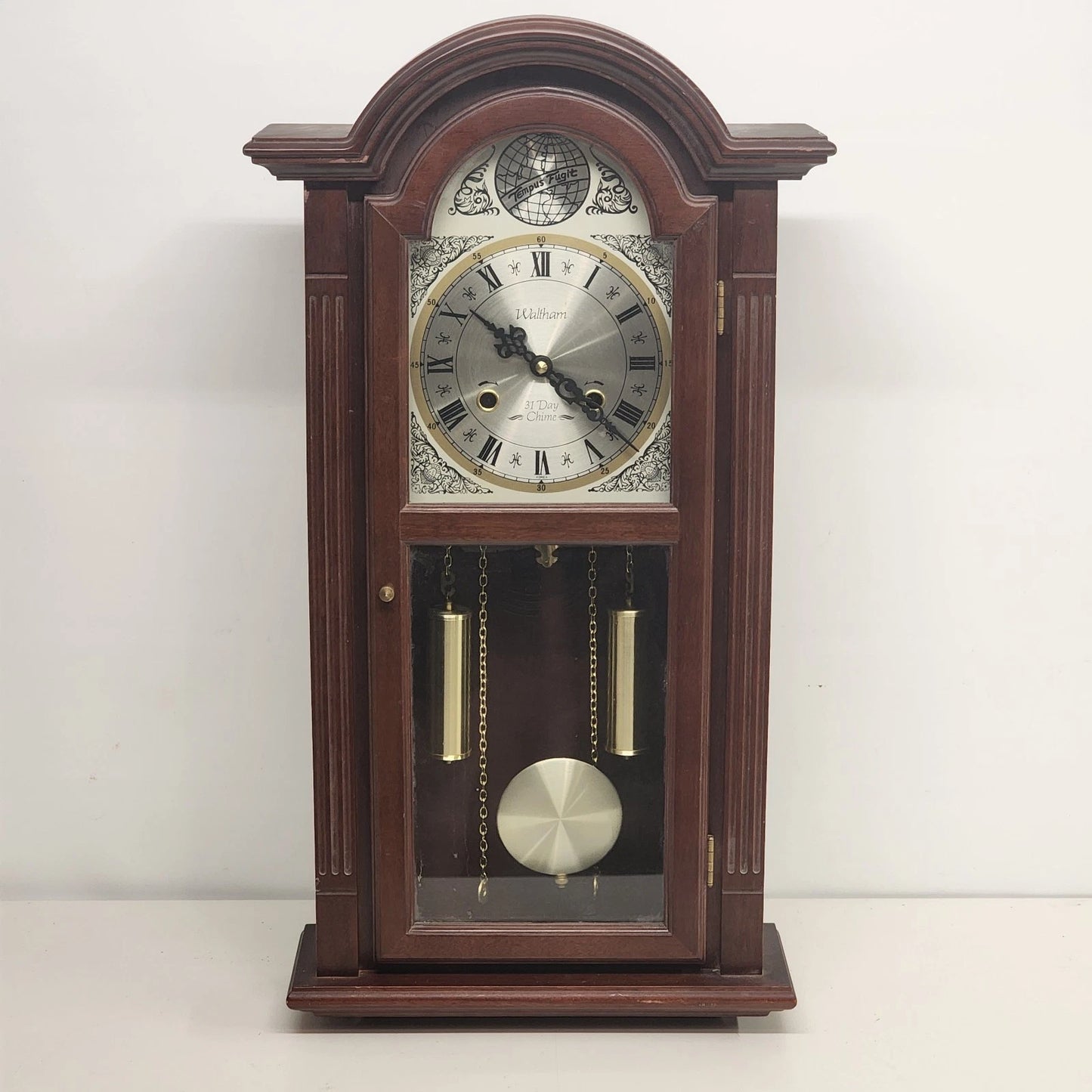 Waltham Tempus Fugit 31 Day Wall Clock Key Wind Pendulum Chime Wood 27.5" Vtg