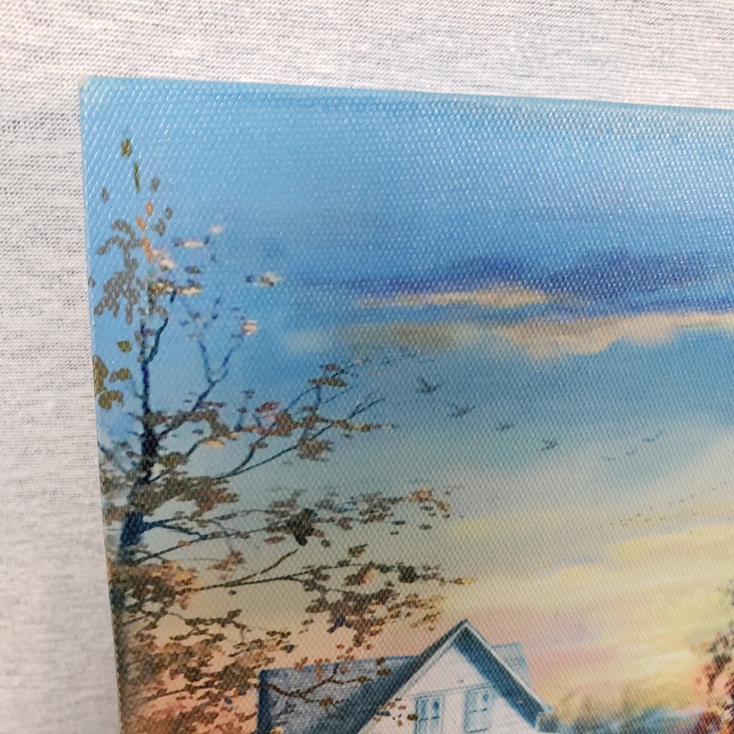 Canvas Print Autumn Country Landscape Farm Barn House Lights w/ Water Damage