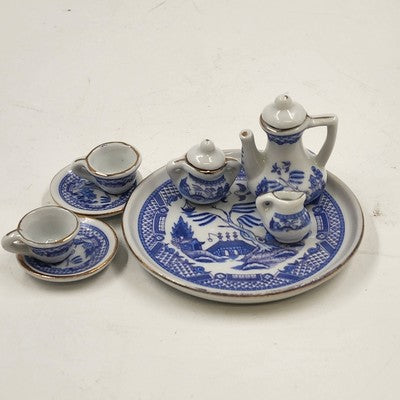Collectible Miniature Tea Set Blue Chinese Willow Tree w/ Box Home Decor
