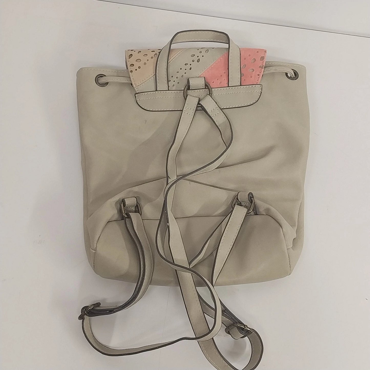 Beige Backpack Purse Faux Leather Bucket Bag Tassel Drawstring Flap Women's