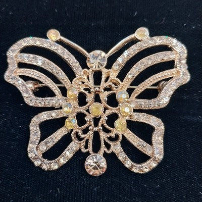 Gold Tone Butterfly Brooch Clear & Amber Faceted Rhinestones Large Pin Vintage