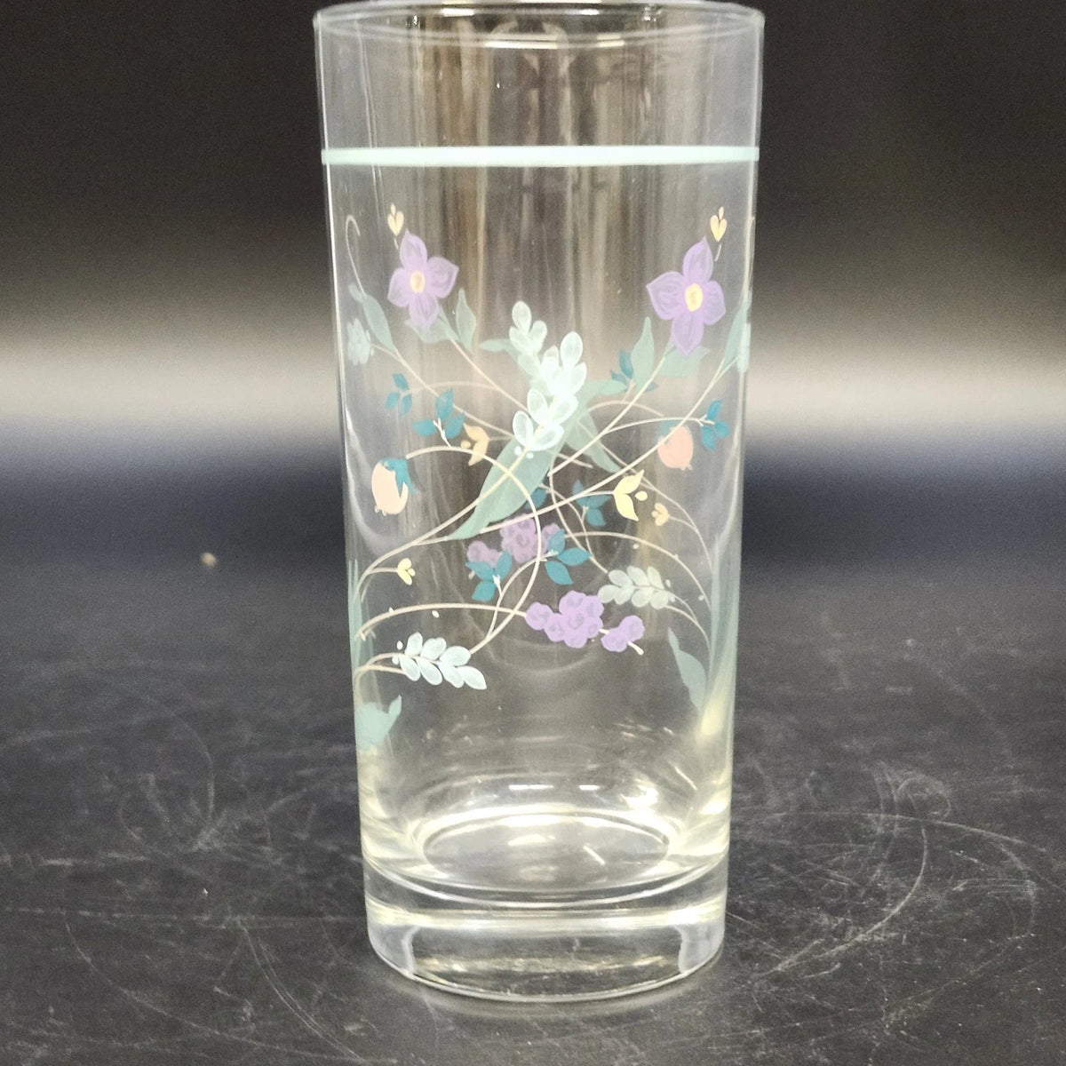 Pfaltzgraff April Floral Highball Tumbler 6.25" Clear Glass Pastel Flowers Vtg