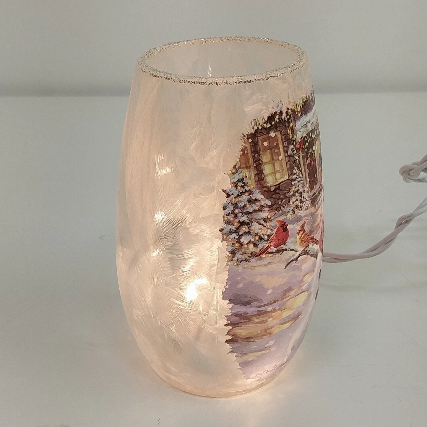 Frosted Glass Snowman Cardinal Winter Scene Vase Light Plug In Christmas 5.25"