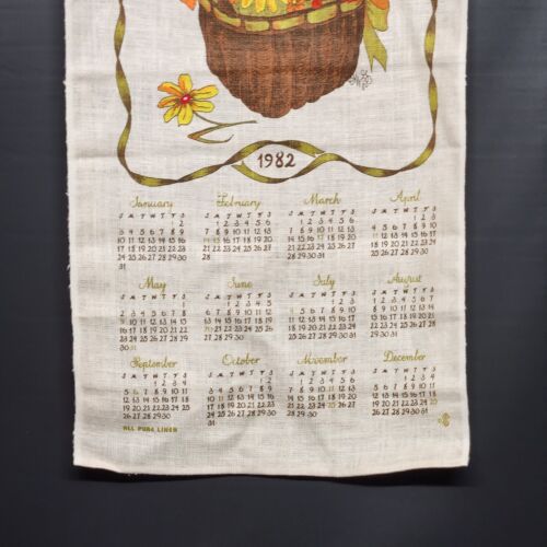 1982 Calendar Linen Kitchen Dish Towel Basket of Flowers All Pure Linen Vintage