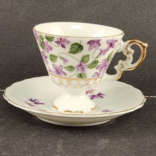 White Pedestal Demitasse Teacup and Saucer Purple Violets and Gold Trim Vintage