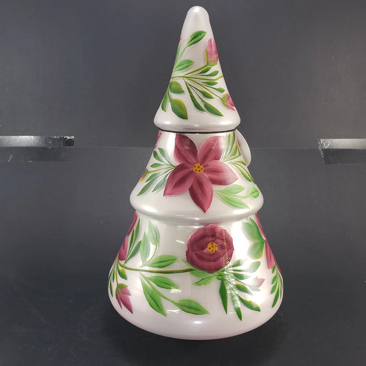Shabby Chic Frosted Glass Christmas Tree Hand Painted Poinsettia 11.5" NWT India