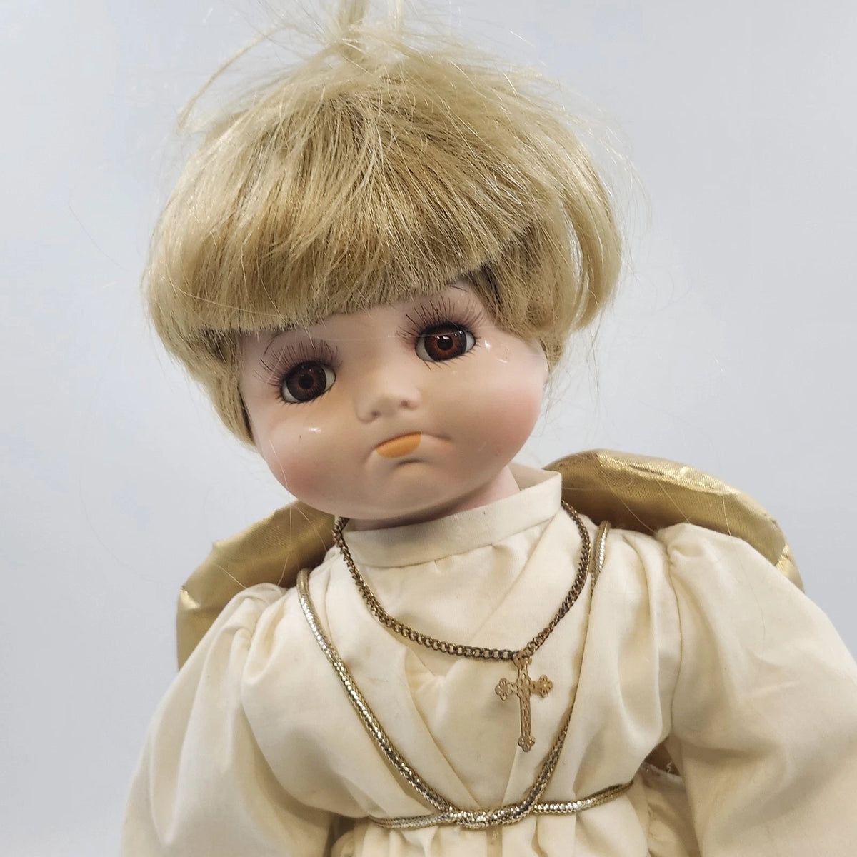 Porcelain Angel Doll Blonde White Robe Gold Wings Cross Stand 17" China Vintage