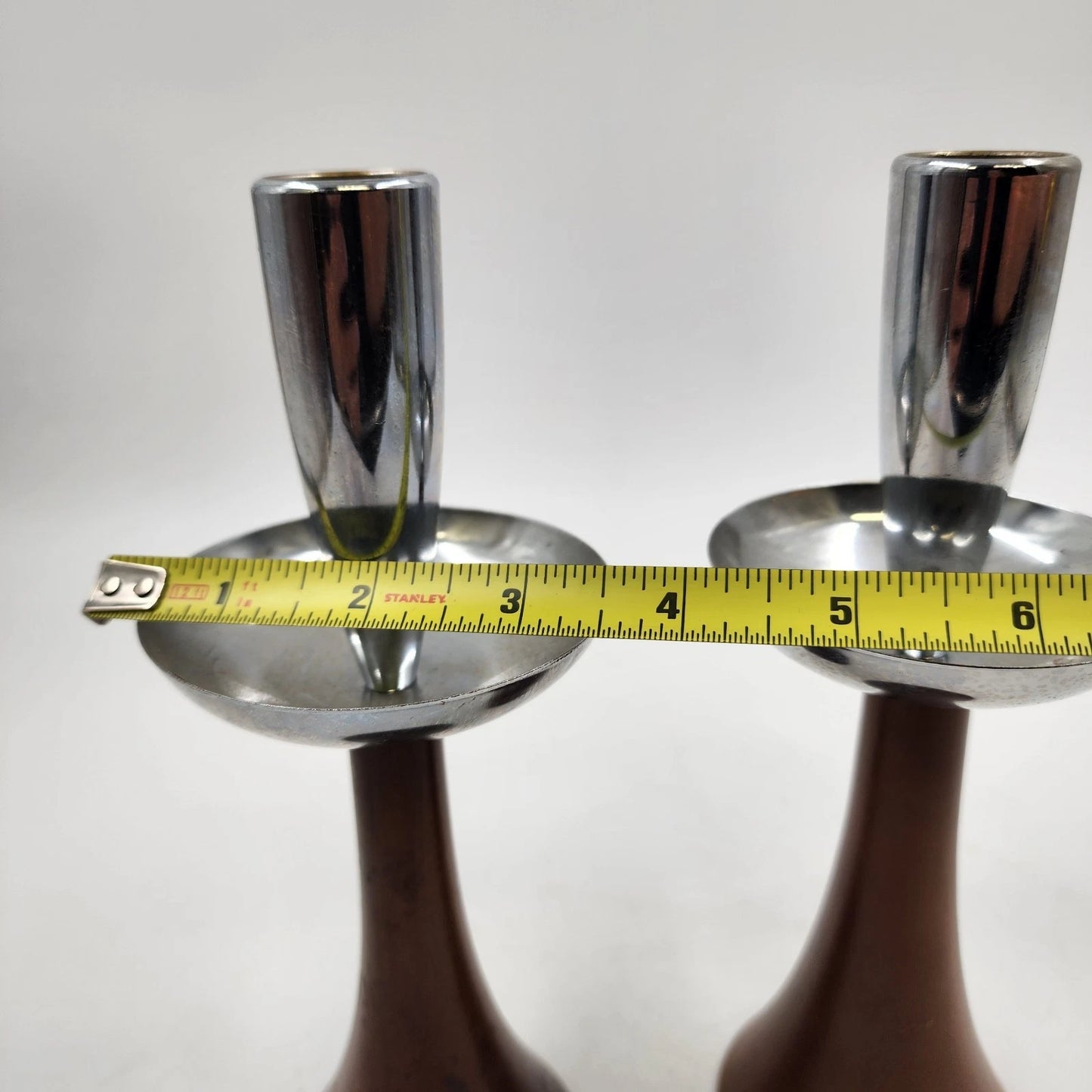 2 MCM Candle Holder Sticks Teak Wood Chrome Uppers 8.5" Danish Modern Vtg AS IS