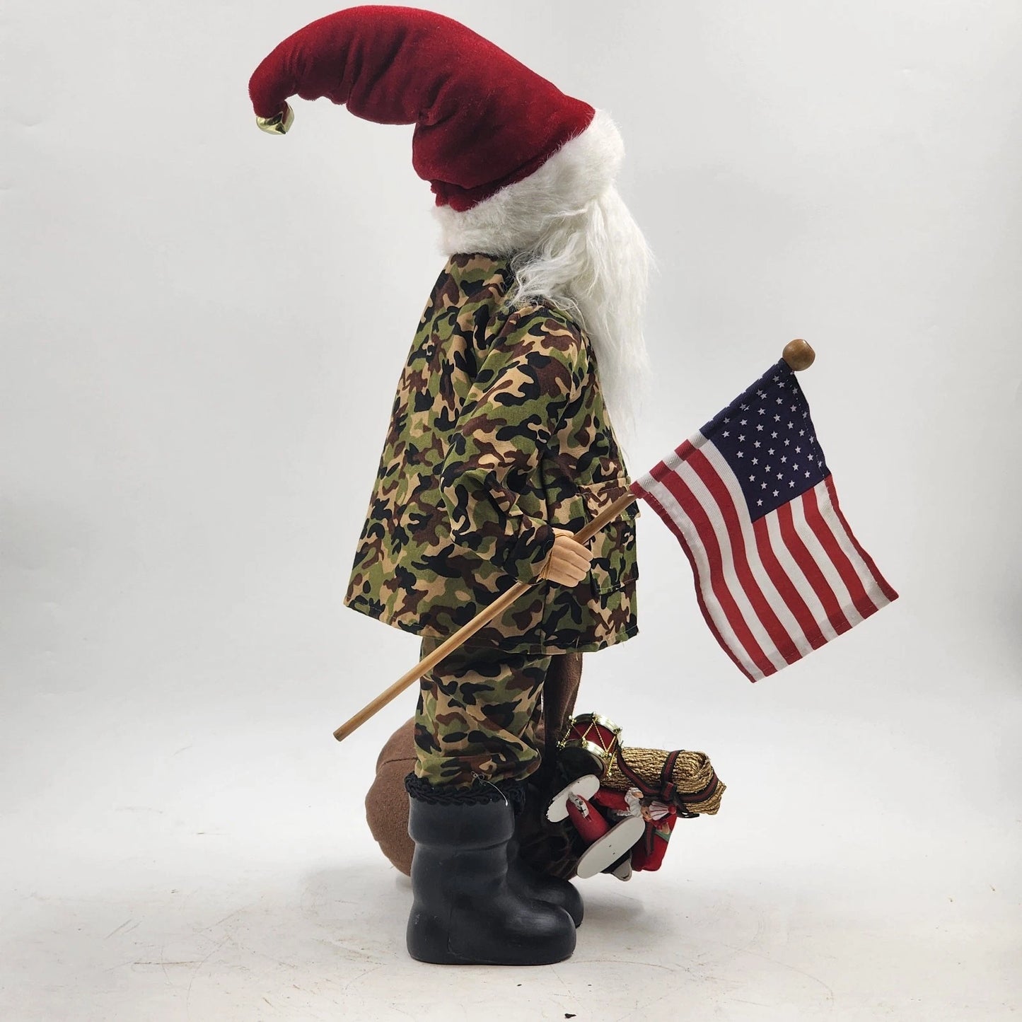 Camouflage Santa Claus Tabletop Figurine 19" Christmas US Flag Bag of Gifts NWT